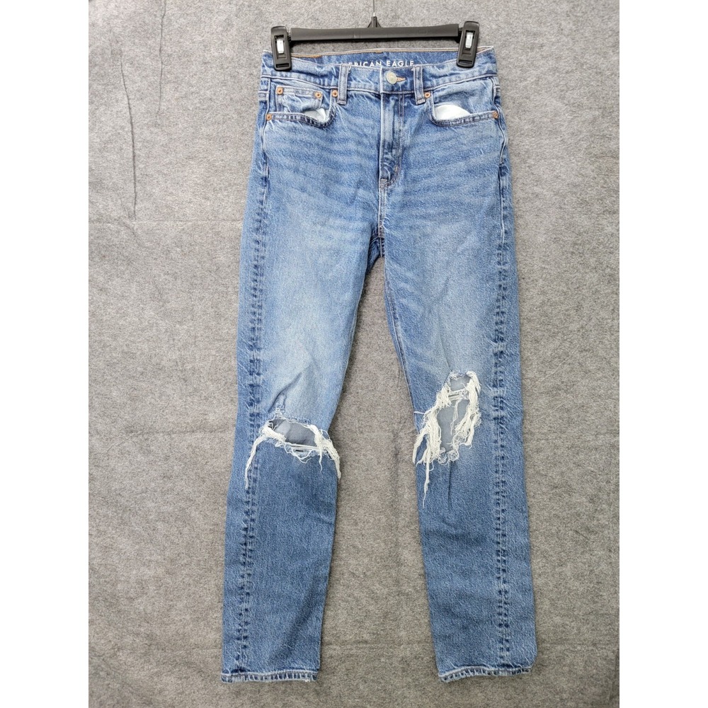 American Eagle Mom Jeans Size 0 Long Distressed Strigid Denim 28" Inseam